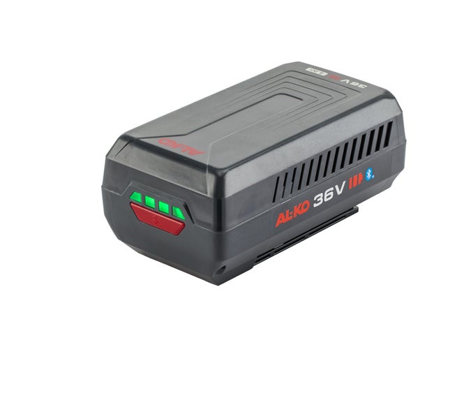 AL-KO 36 Volt Lithium-Ionen-Akku mit 4 Amperestunden, Ladestandsanzeige und Bluetooth-Funktion.