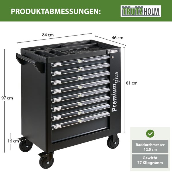 Schwarzer Trutzholm Werkstattwagen mit Maßen: Breite 84 Zentimeter, Tiefe 46 Zentimeter, Höhe 97 Zentimeter, Gewicht 77 Kilogramm.