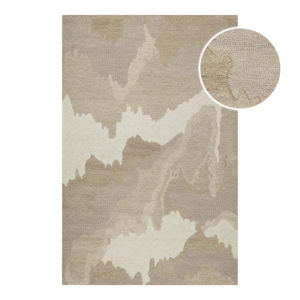 Rechteckiger Teppich in Beige mit abstraktem Wellenmuster und Detailansicht der Oberflächenstruktur.