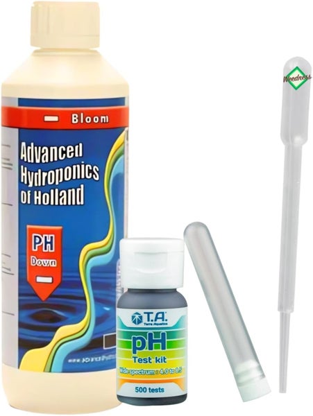 pH-Management-Set bestehend aus Advanced Hydroponics pH Down Bloom, T.A. pH-Testkit für 500 Tests, Pipette und Reagenzglas.