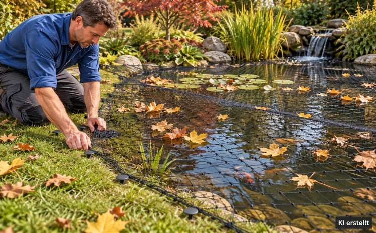 Mann beim Spannen eines Teichschutznetzes über einem Gartenteich zum Schutz vor Laubfall im Herbst.