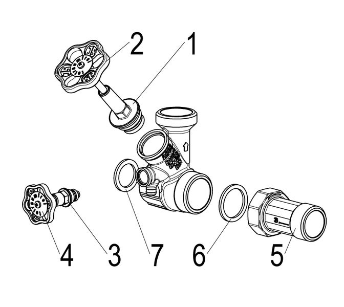 Explosionszeichnung einer Ventilarmatur mit nummerierten Einzelteilen wie Handrad, Ventilgehäuse und Dichtungsringen.