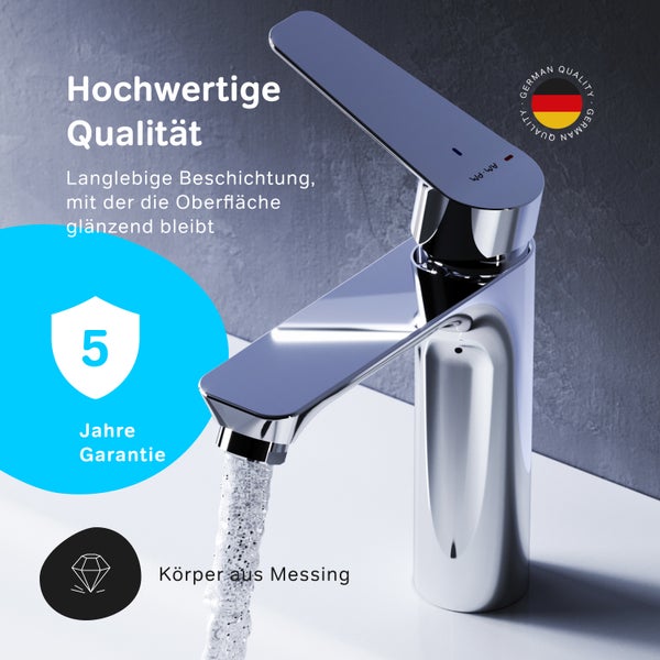 Moderne Einhebel Waschtischarmatur aus Messing mit langlebiger Beschichtung und fuenf Jahren Garantie.