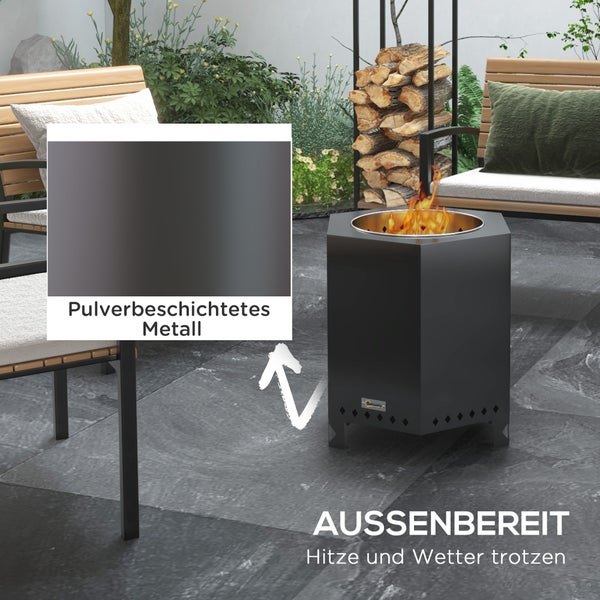 Outsunny Feuerschale, mit Schürhaken, für Garten, Camping, Terrasse, 45L x 38,8B x 46,5H cm, Metall, Schwarz