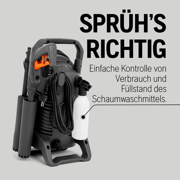 Hochdruckreiniger zur einfachen Kontrolle von Verbrauch und Füllstand des Schaumwaschmittels.