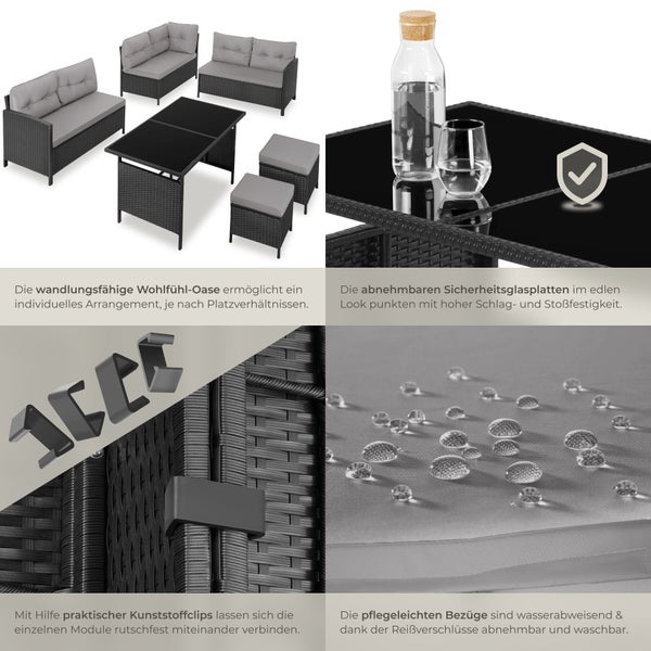 Garten-Lounge-Set aus Polyrattan mit Tisch aus Sicherheitsglas, Sitzpolstern mit wasserabweisenden Bezügen und Verbindungsklammern.
