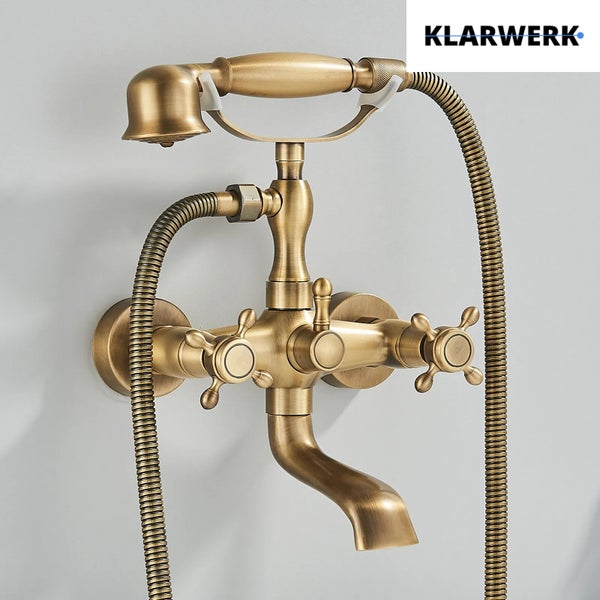 Wannenarmatur mit Handbrause in Antikmessing von Klarwerk Logo