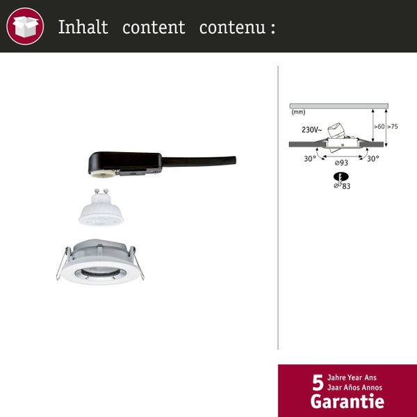 Lieferumfang schwenkbarer Einbaustrahler mit GU10 LED Leuchtmittel und Anschlusskabel, technische Skizze mit Maßen und 5 Jahren Garantie.