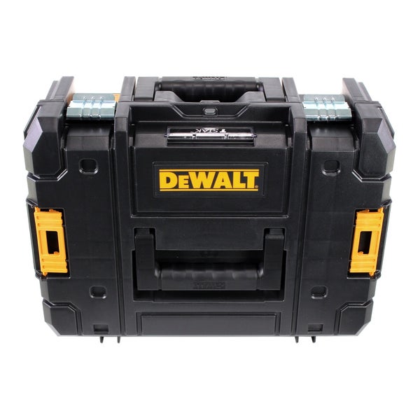 DeWALT TSTAK Werkzeugbox aus Kunststoff mit Metallschließen, Tragegriff und DeWALT Logo.