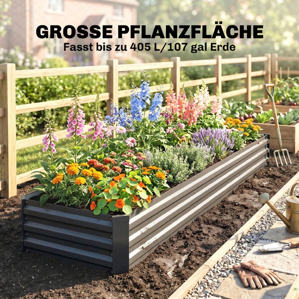 Querschnitt eines Metall-Hochbeets mit offenem Bodendesign, das Schichten aus Erde, Laub und Mulch sowie die Entwässerung beim Gießen zeigt.