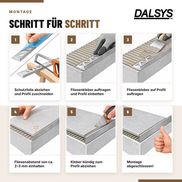 Schritt für Schritt Montageanleitung für Fliesenprofile von Dalsys, illustriert in sechs Schritten zur korrekten Verlegung und Ausrichtung.