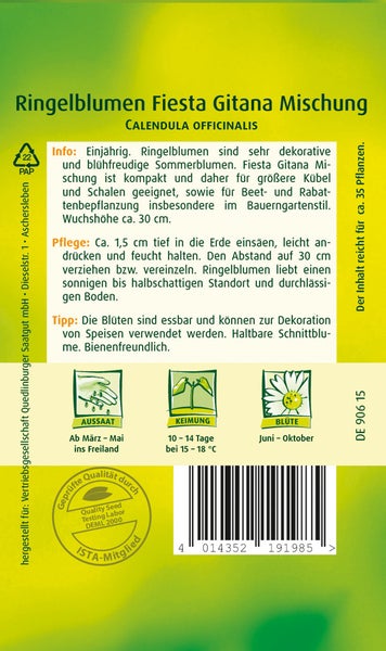 Rückseite der Samentüte für Ringelblumen Fiesta Gitana Mischung mit Informationen zu Aussaat, Keimung, Blütezeit und geprüfter Qualität.
