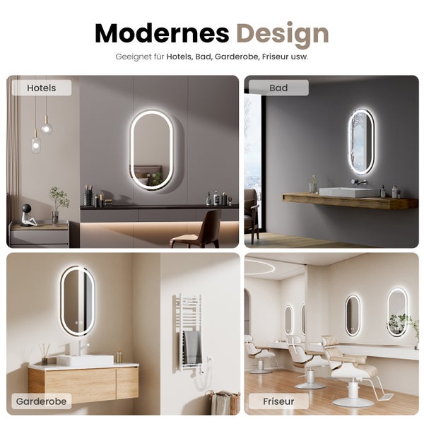 EMKE LED Badspiegel 50x90 cm Oval, Touch-Schalter, 3 Farbtemperaturen einstellbar, dimmbar, Antibeschlag, Stromausfall-Speicher, mattierte Spiegelkante, flexibel montierbar, IP44, rostfreier Spiegel, für Bad