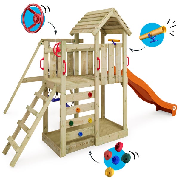 WICKEY Spielturm Klettergerüst MultiFlyer Holzdach mit Schaukel und Rutsche, Kletterturm mit Holzdach, Sandkasten, Leiter und Spiel-Zubehör - orange
