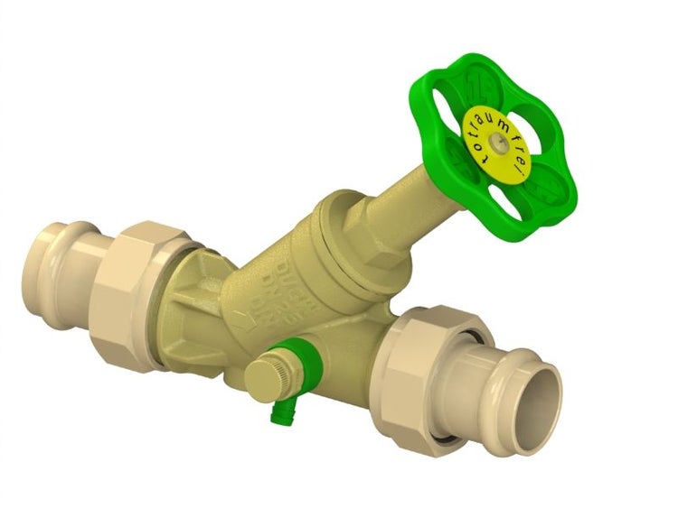 Schrägsitzventil Nennweite 25 aus Rotguss mit Pressanschlüssen und Entleerungsventil, totraumfrei mit grünem Handrad.