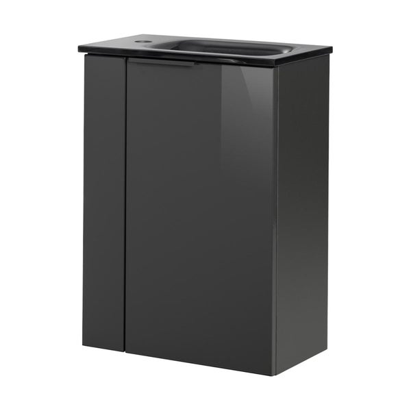 Fackelmann LUNA Gäste-WC Set 2 Teile – Waschtischunterschrank in Anthrazit mit Waschbecken aus Glas in Anthrazit – SBC Waschbeckenunterschrank schmal – Türanschlag rechts – 45 cm breit