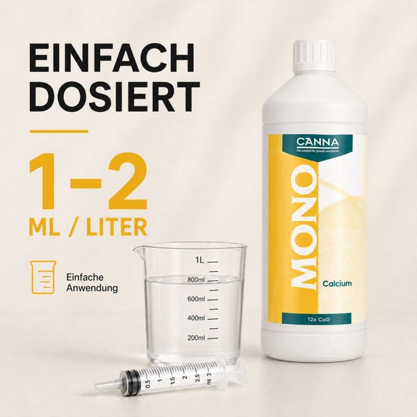Canna Mono Calcium Duenger in einer Flasche mit Messbecher und Spritze zur einfachen Dosierung von ein bis zwei Millilitern pro Liter Wasser.
