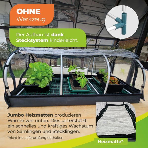 Zimmergewächshaus mit transparentem Bezug, Pflanzen auf Gitterboden, Stecksystem für werkzeuglose Montage und Hinweis auf Heizmatte.