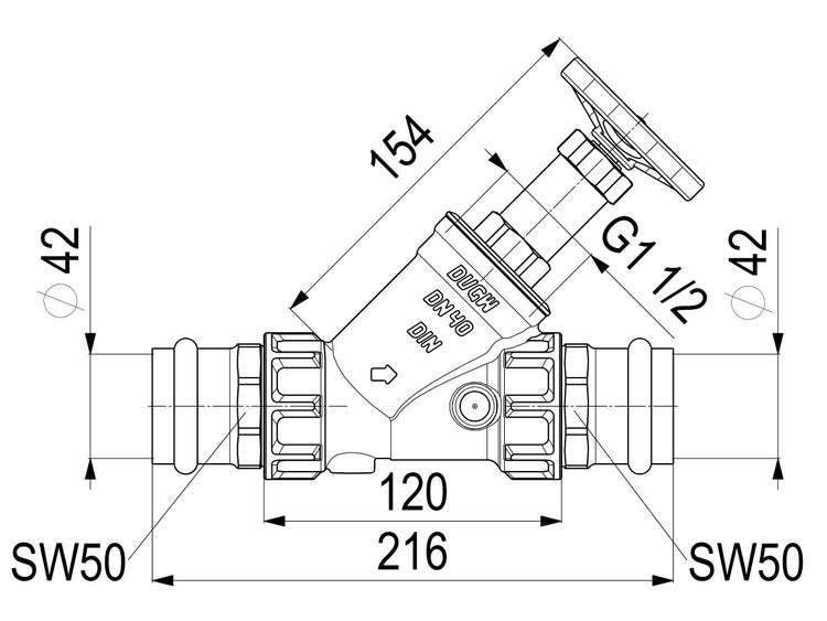 Technische Zeichnung eines Schrägsitzventils Nenndurchmesser 40 mit DVGW Zertifizierung und DIN Norm, Gesamtlänge 216 Millimeter.