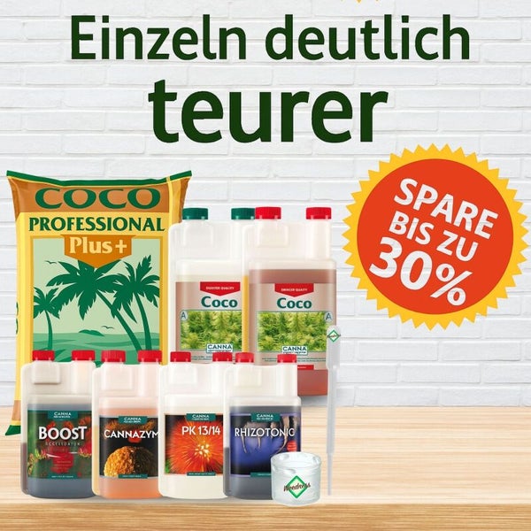 CANNA Pflanzendünger-Set mit Coco Professional Plus Substrat, Coco A und B, Boost, Cannazym, PK 13/14 und Rhizotonic. Sparvorteil bis zu 30 Prozent.