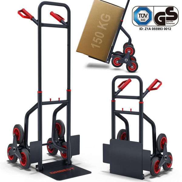 Treppensteiger-Sackkarre aus Metall mit 150 Kilogramm Tragkraft, Sternrädern für Stufen, TÜV SÜD geprüft, geprüfte Sicherheit, ONBEST Logo.