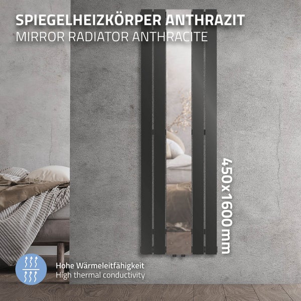 ML-Design Badheizkörper Flach 1600x450 mm Anthrazit mit Spiegel, Design Paneelheizkörper Mittelanschluss Heizung, Flachheizkörper Vertikal Einlagig, Spiegelheizkörper Glasheizkörper, inkl. Montage-Set
