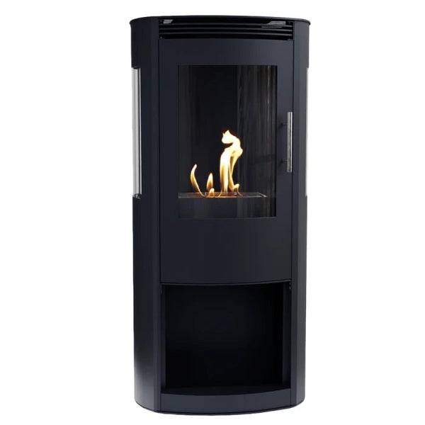 Schwarzer Bioethanol-Kamin in zylindrischer Form mit Sichtscheibe, Flamme und offenem Fach unten.