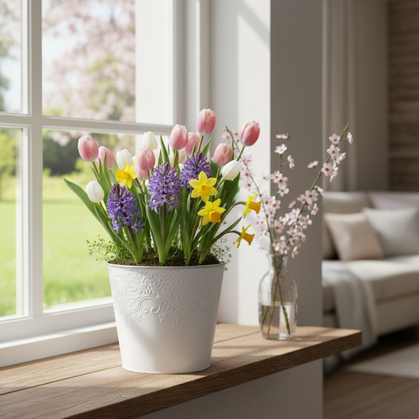 Frühlingsblumen mit Tulpen, Hyazinthen und Narzissen in weißem Dekotopf auf einer hölzernen Fensterbank in hellem Wohnraum.