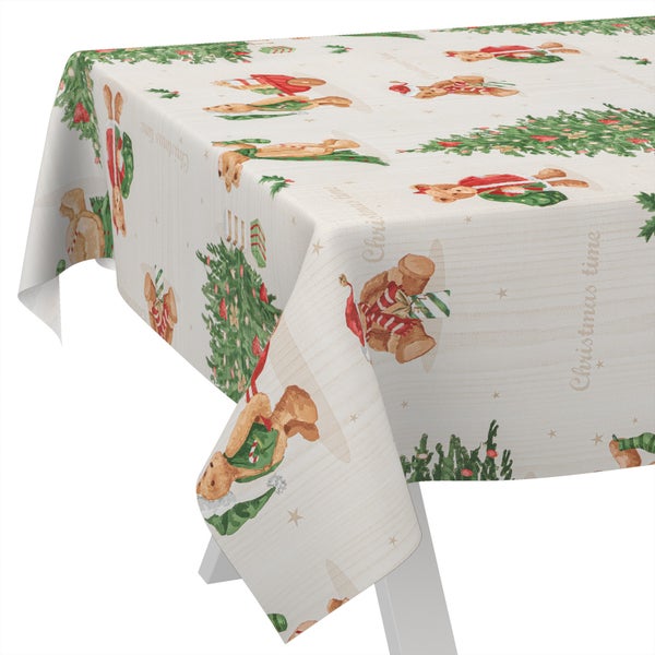 Weihnachtstischdecke mit Motiven von Bären, Weihnachtsbäumen und Geschenken.