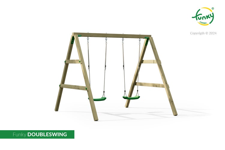 Doppelschaukel Funky DOUBLESWING aus Holz mit zwei grünen Schaukelsitzen und seitlichen Sprossen. Funky Combo Logo.