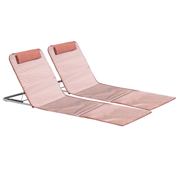 Set aus zwei gestreiften Strandmatten in Terrakotta und Weiß mit verstellbarer Rückenlehne und Kopfkissen.