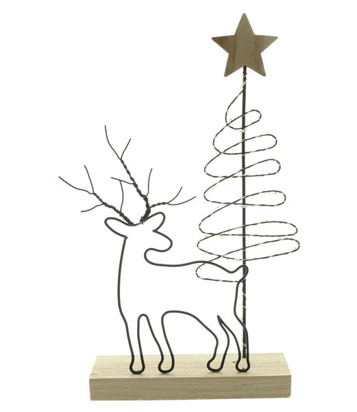 Dekorativer Hirsch und Weihnachtsbaum aus Draht mit LED-Lichtern auf Holzsockel