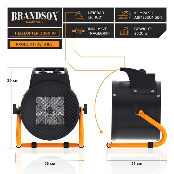Brandson Heizlüfter, Bauheizer, Keramikheizer, Eletroheizer für Baustelle, Tragegriff, 3000W, 2 Heizstufen, Überhitzungsschutz