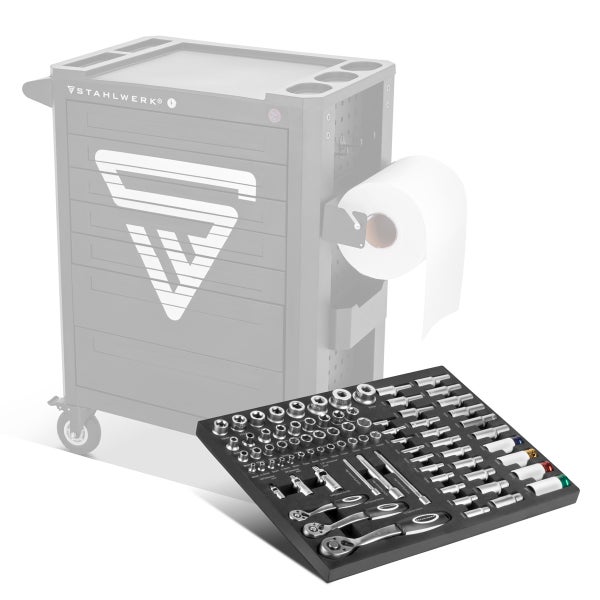 Werkzeugwagen mit Steckschlüsselsatz und Stahlwerk Logo