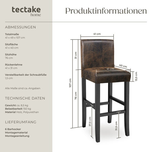 tectake home Logo. Barhocker aus Holz und Polyurethan. Höhe 107 Zentimeter, Sitzhöhe 76 Zentimeter. Tragkraft 150 Kilogramm. Set mit 6 Stück.