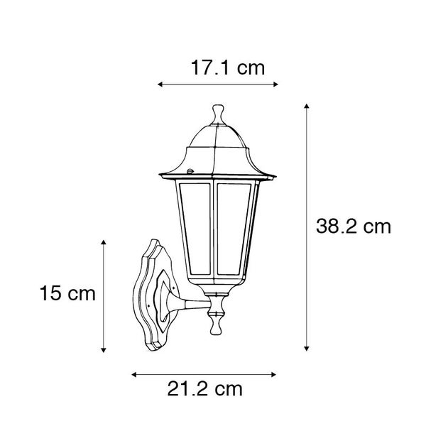 Maßzeichnung einer Außenwandleuchte in Laternenform mit Maßangaben: Höhe 38,2 Zentimeter, Breite 17,1 Zentimeter, Tiefe 21,2 Zentimeter.