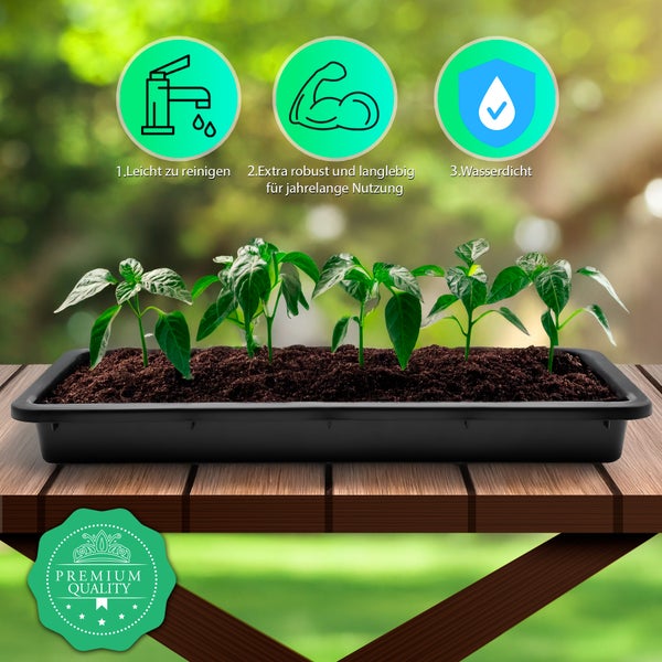 Anzuchtschale mit Pflanzen und den Symbolen: leicht zu reinigen, robust, wasserdicht