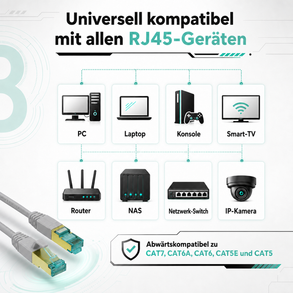 Netzwerk-Kabel mit RJ45-Stecker, kompatibel mit PC, Laptop, Spielekonsole, Smart-TV, Router, NAS, Netzwerk-Switch und IP-Kamera.