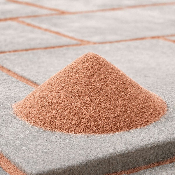 Ein kleiner Haufen feiner Pflasterfuge auf gepflastertem Untergrund.