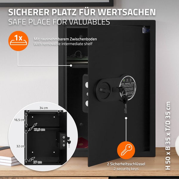 ECD Germany Safe Tresor 43L 35x50x31 cm, stabiler Stahl, Wandtresor mit Sensorlicht & Digitale Tastatur für Schmuck Bargeld Dokumente, Elektronischer Möbeltresor Geldkassette mit PIN-Code & Schlüssel