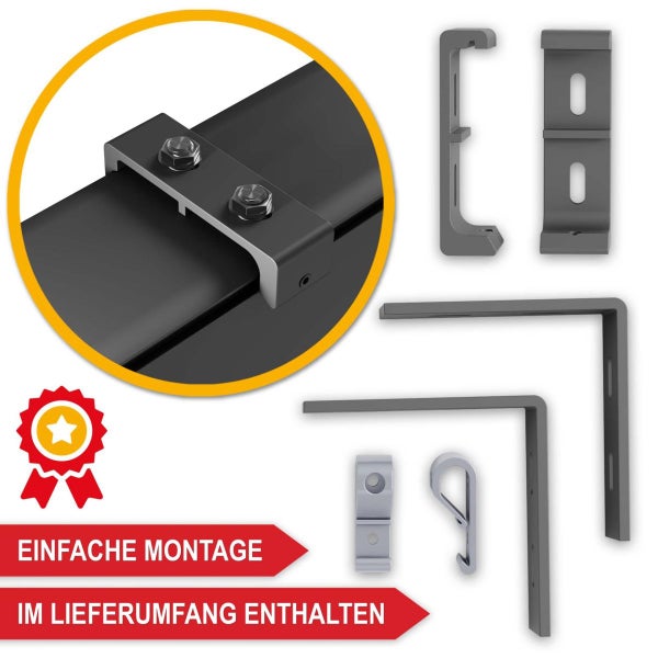 Montage-Set mit Winkeln, Halterungen und Schrauben. Detailansicht einer montierten Halterung. Einfache Montage und im Lieferumfang enthalten.