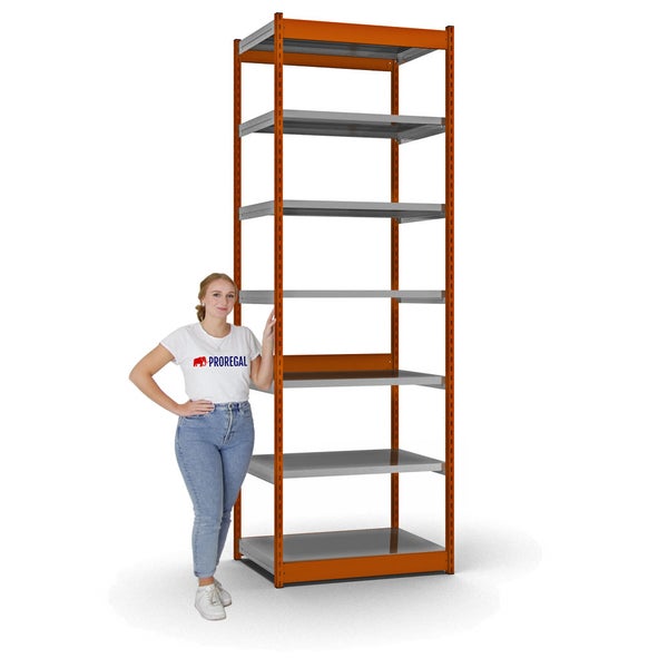 PROREGAL Fachbodenregal Stecksystem Vierkant-Profil Grundregal HxBxT 300 x 102,5 x 60 cm 7 Ebenen Einseitige Bauart Fachlast 200 kg Orange