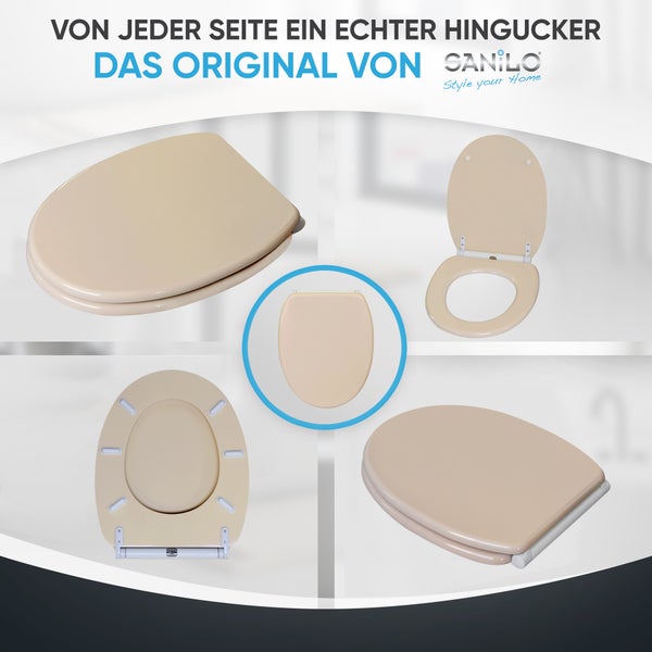 Beige Sanilo Toilettensitz in verschiedenen Ansichten: geschlossen, geöffnet und von der Unterseite. Sanilo Logo.