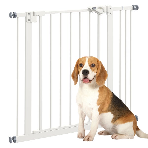 PawHut Türschutzgitter Hunde, Absperrgitter, 74-87 cm, Treppenschutzgitter für Haustier, Hundegitter inkl. verschiedene Verlängerungen, Schutzgitter ohne Bohren, Metall, Kunststoff, Weiß