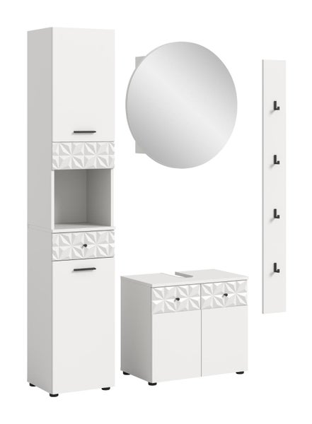Badezimmermöbel-Set bestehend aus Hochschrank, rundem Spiegel, Waschbeckenunterschrank und Hakenleiste mit geometrischem Reliefmuster.