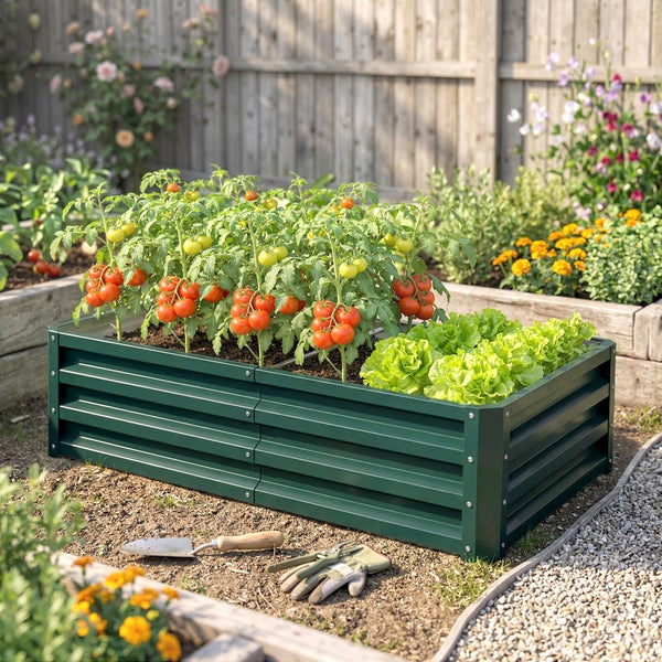 Hochbeet aus Metall mit Tomatenpflanzen und Salat in einem organisierten Garten mit Holzzaun und Gartenwerkzeug.