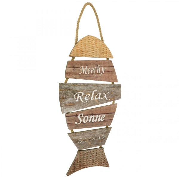Dekorative Holzfisch-Hängeleuchte mit den Worten Meer, Relax, Sonne und Strand
