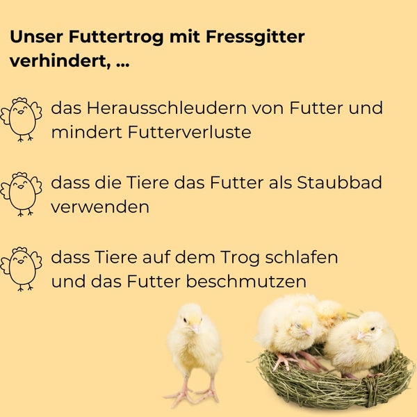 Vorteile des Futtertrogs mit Fressgitter für Hühner