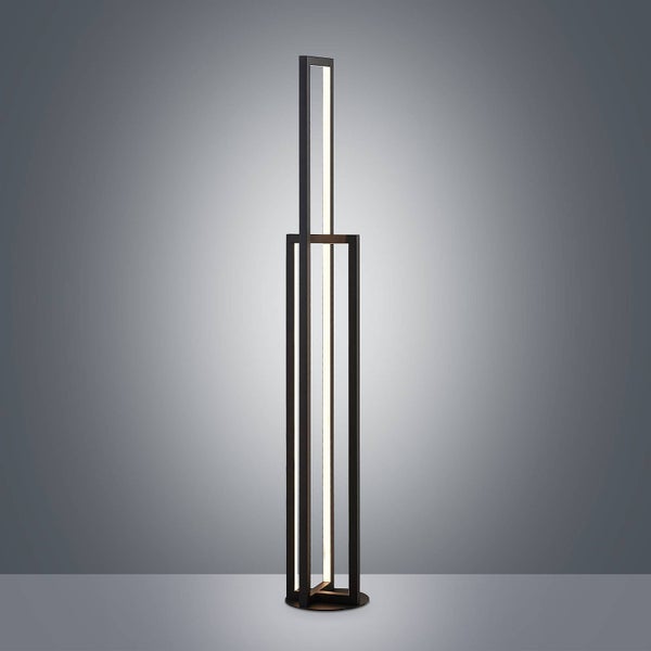 Moderne LED-Stehleuchte mit schwarzem Metallrahmen in minimalistischem, geometrischem Design.