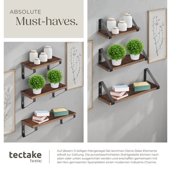 3er Set Wandregal tectake Cowell Höhe 12 cm Industrial Style Industrial Holz dunkel, rustikal